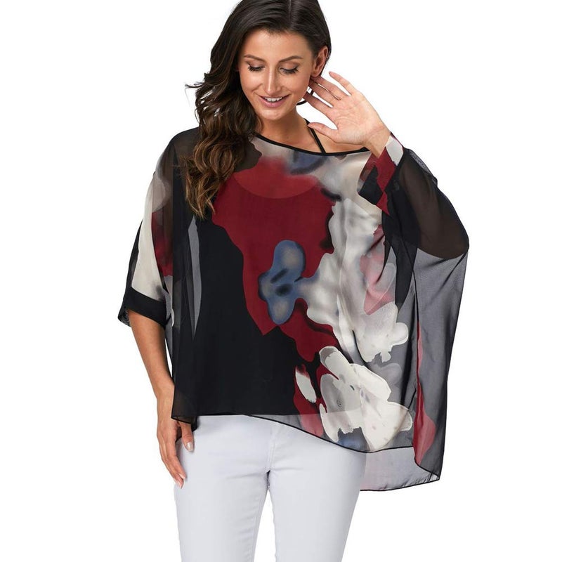Ckikiou Plus Size Batwing Flowy Semi Sheer Chiffon Blouse Tunic for Women Summer Floral Print Boho Beach Cover ups - Image 2